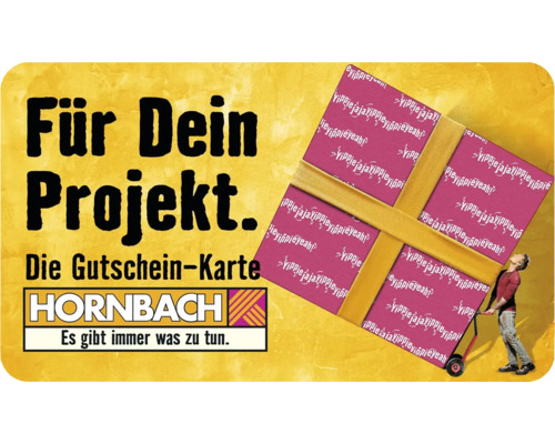 Hornbach Gutschein-Karte für Ihr Projekt, präsentiert mit einem großen Geschenk und dem Hornbach Logo