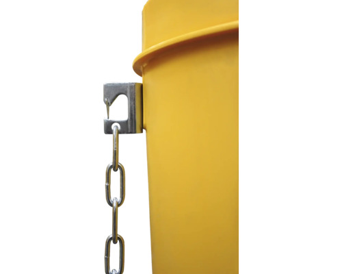 Gelber Abfallbehälter mit Stahlkette zur Befestigung