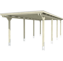 Carport en bois avec toit plat et ancrages de poteaux en acier