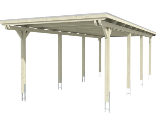 Carport en bois avec toit plat et ancrages de poteaux en acier
