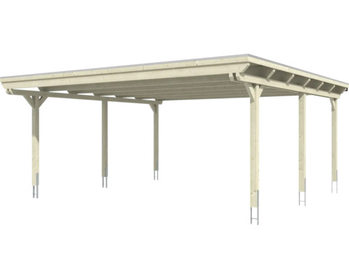 Carport en bois avec toit plat sur ancrages métalliques