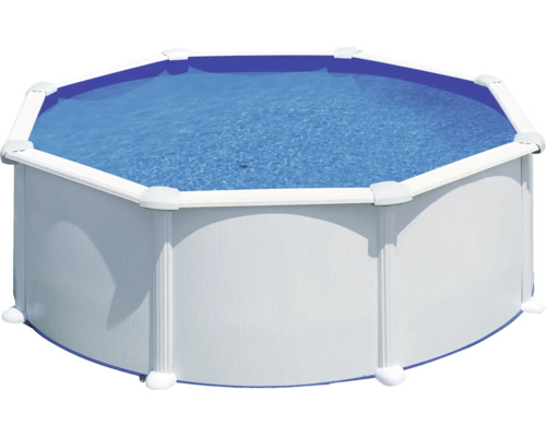 Ensemble de piscine hors sol à paroi en acier Gre ronde Ø 370x132 cm avec groupe de filtration à sable, skimmer, échelle, sable de filtration et intissé de protection du sol blanc