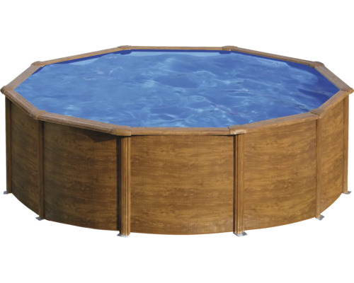 Ensemble de piscine hors sol à paroi en acier Planet Pool ronde Ø 450x120 cm avec groupe de filtration à sable, skimmer intégré, échelle, sable de filtration et flexible de raccordement aspect bois