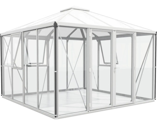 Gewächshaus mit Aluminiumrahmen und transparenten Wänden.