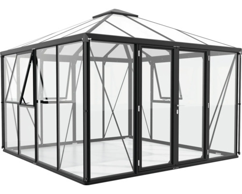 Gewächshaus mit transparenten Wänden und schwarzem Rahmen