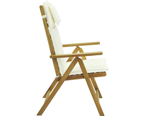 Holz Gartenstuhl mit Armlehnen und weißer Polsterung, Seitenansicht