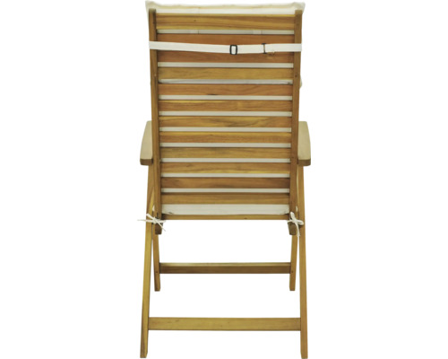 Rückansicht eines Holzliegestuhls mit verstellbarer Rückenlehne und Sitzkissen