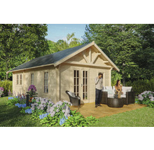 Maison de jardin en bois avec terrasse et mobilier de jardin