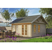 Maison de jardin en bois avec double porte, fenêtres et toit à deux pentes dans un jardin