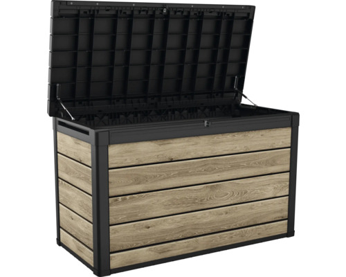 Geöffnete Gartenbox mit Holzoptik