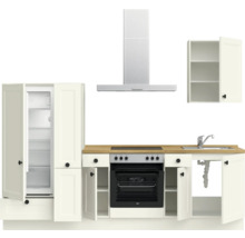 Küchenzeile mit Kühlschrank, Spüle, Herd und Dunstabzugshaube