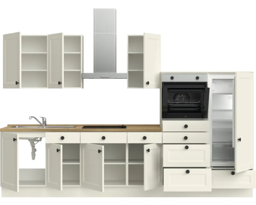 Komplette Küchenzeile mit Spüle, Kochfeld, Dunstabzugshaube, Backofen und Kühlschrank