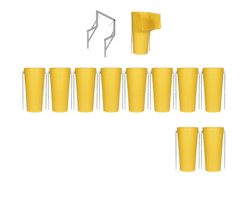 Mehrere gelbe Abfallbehälter mit Ketten und Halterung