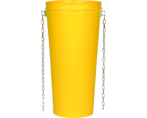 Gelber Abfallbehälter mit Kette zum Aufhängen