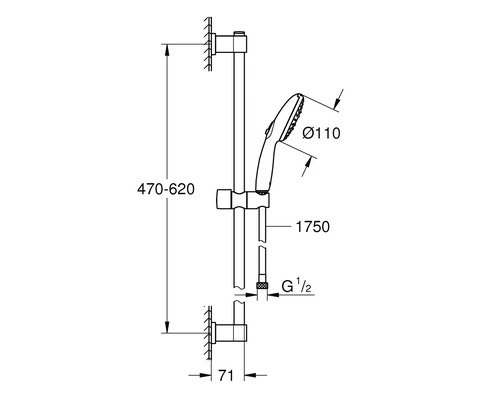 Dessin technique d''une barre de douche avec douchette à main et indications de mesure