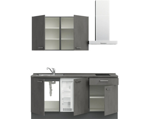 Bloc de cuisine avec évier, réfrigérateur, plaque de cuisson, hotte aspirante et armoires suspendues