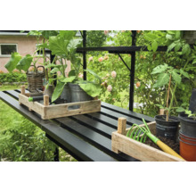 Gartenszene mit Anzuchttisch, Pflanzen und Gartengeräten