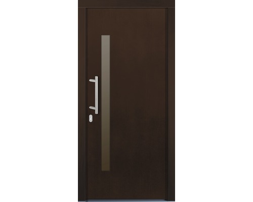 Porte d’entrée Maia pin laqué noyer 1000 x 2000 mm tirant gauche Porte d''entrée marron avec insert en verre et poignée