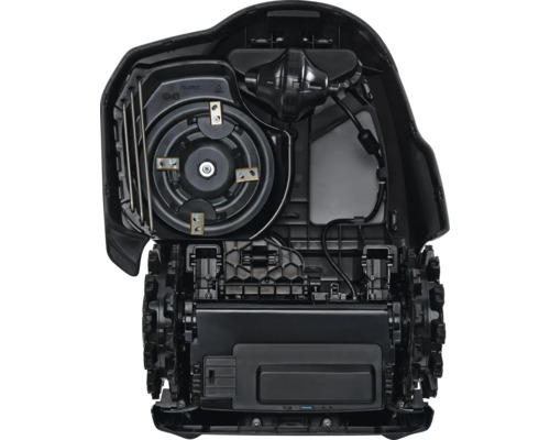 Dessous d''un robot de tonte avec plateau de coupe et roues motrices