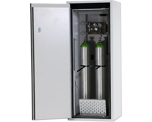 Armoire à bouteilles de gaz ouverte avec deux bouteilles de gaz