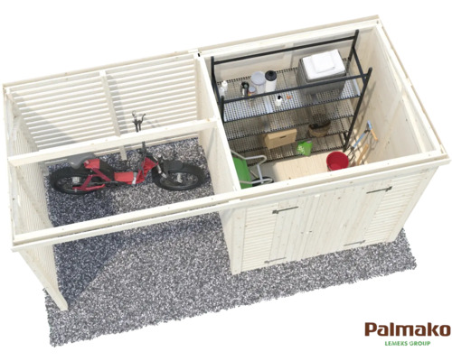 Aufbaubild eines Gerätehauses mit Fahrradunterstand aus Holz