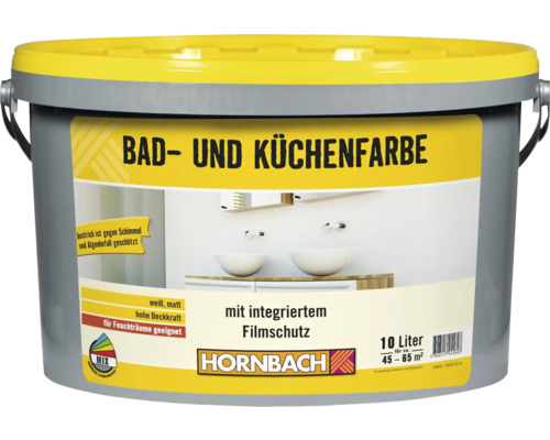 Peinture pour cuisine et salle de bains HORNBACH blanc 10 l Seau gris de peinture pour salle de bains et cuisine avec couvercle jaune, 10 litres, convient aux pièces humides