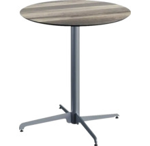 Runder Tisch mit Holzstruktur und Metallfuß