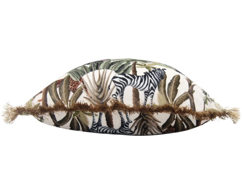 Dekokissen mit Dschungelmotiv, Zebra und Fransen