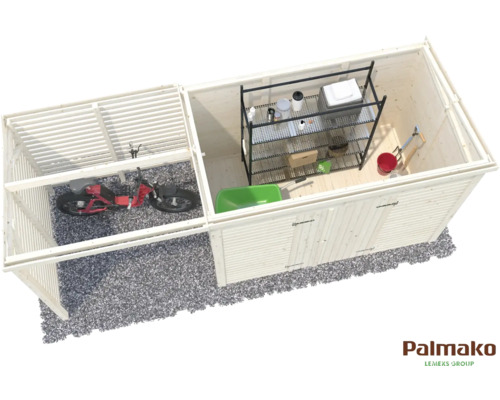 Vue d''un abri de jardin en bois avec abri à vélos et remise à outils