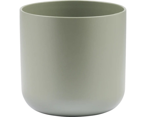 Cache-pot cylindrique en céramique vert sauge avec une surface mate et un fond arrondi.