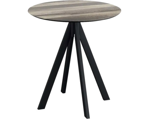 Table de terrasse Infinity Tropical Wood ronde aluminium, HPL Ø 70 cm noir Table ronde avec plateau en bois et cadre en métal noir