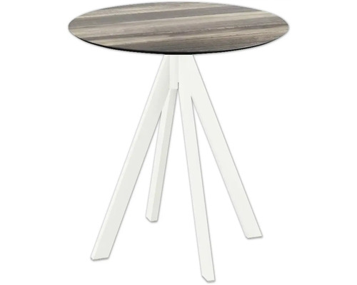 Table de terrasse Infinity Tropical Wood ronde aluminium, HPL Ø 70 cm blanc Table d''appoint avec plateau rond et piètement à trois pieds