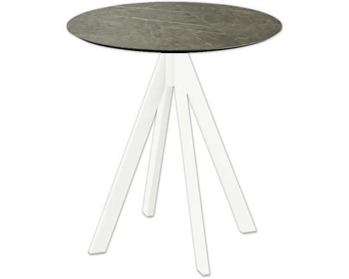 Table de terrasse Midnight Marble ronde acier inoxydable, HPL Ø 70 cm blanc Table ronde avec plateau et piètement tripode