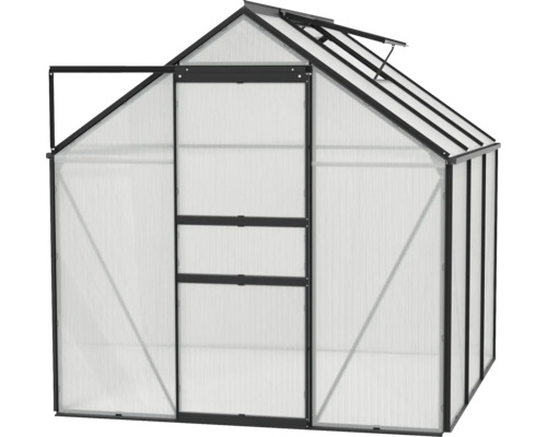 Gewächshaus mit geöffneter Tür und Fenster
