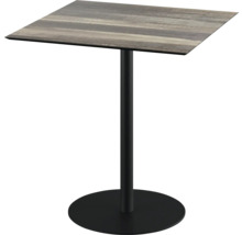 Table haute carrée avec plateau aspect bois et colonne métallique