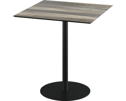Table de terrasse Urban Tropical Wood carrée aluminium, HPL 70×70×73,2 cm noir Table haute carrée avec plateau aspect bois et colonne métallique
