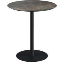 Runder Bartisch mit Holzoptikplatte und schwarzem Metallfuß
