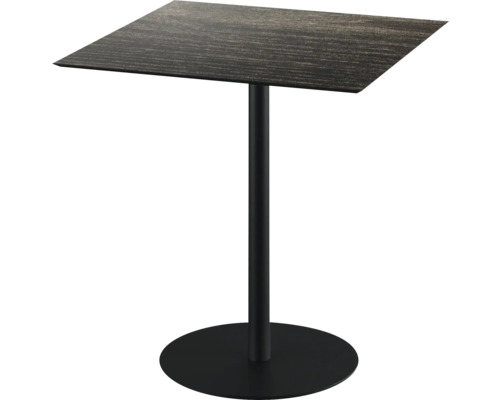 Table de terrasse Urban Riverwashed Wood carrée acier inoxydable, HPL 70×70×73,2 cm noir Table haute carrée avec colonne en métal et base ronde