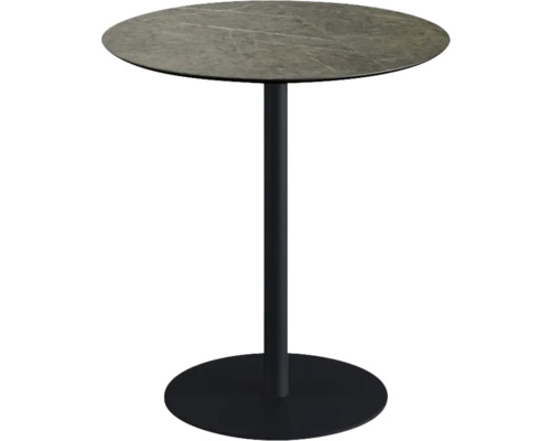Table de terrasse Urban Midnight Marble ronde acier inoxydable, HPL Ø 70 cm noir Table haute ronde avec plateau aspect pierre et pied en métal noir