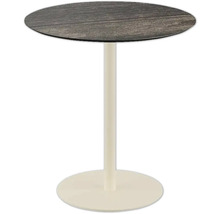 Runder Bistrotisch mit Holzplatte und Metallsockel