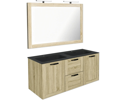 Badmöbel-Set Allibert Cambridge BxHxT 121 x 80 x 46,5 cm Frontfarbe eiche hamilton mit Doppelwaschtisch schwarz