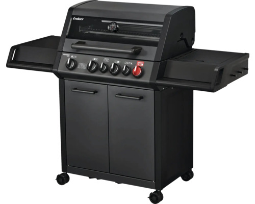 Gasgrill Enders Monroe Pro 4 SIK Turbo Shadow graphitgrau 4 Brenner inkl. Deckelthermometer, Fettauffangschale, Grillrost, Hochleistungshitzezone, Seitenablage und Warmhalterost Grillrost Gusseisen emailliert Gasgrill mit Seitenablagen und Unterschrank