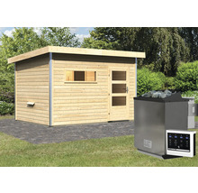 Holzsauna mit Saunaofen und Steuerung im Garten