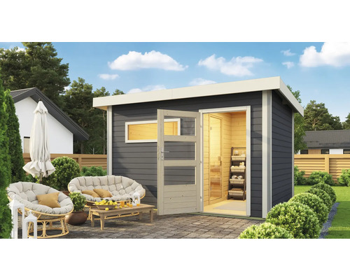 Saunahaus Karibu Topas 2 inkl.9 kW Bio Ofen u.ext.Steuerung mit Holztüre und Klarglas terragrau/weiß Saunahaus Karibu Topas 2 inkl.9 kW Bio Ofen u.ext.Steuerung mit Holztüre und Klarglas terragrau/weiß
