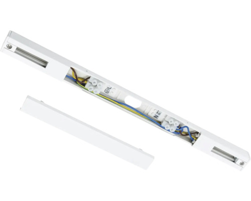 Stromschienen-Einbaustrahler mit geöffnetem Gehäuse und sichtbarer Verkabelung