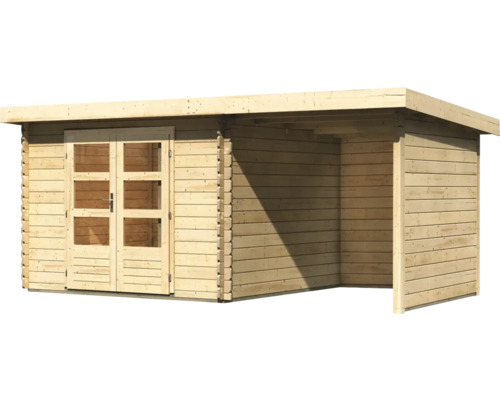 Holzgartenhaus mit Doppeltür und offenem seitlichem Anbau