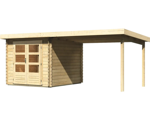 Holzgartenhaus mit seitlichem Unterstand