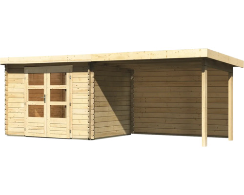 Holzgartenhaus mit Doppeltür und Anbau