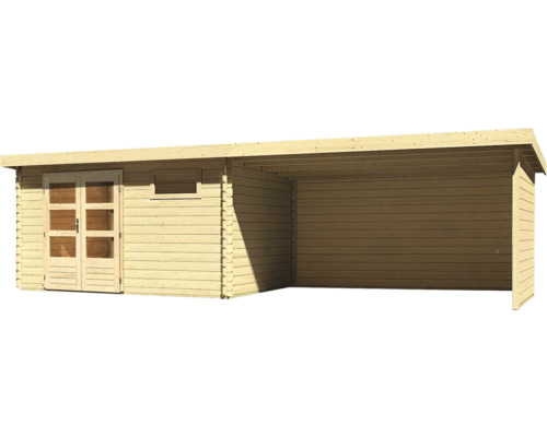 Holzgartenhaus mit Doppeltür und offenem Anbau