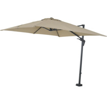 Parasol déporté avec un abat-jour rectangulaire et un pied stable.